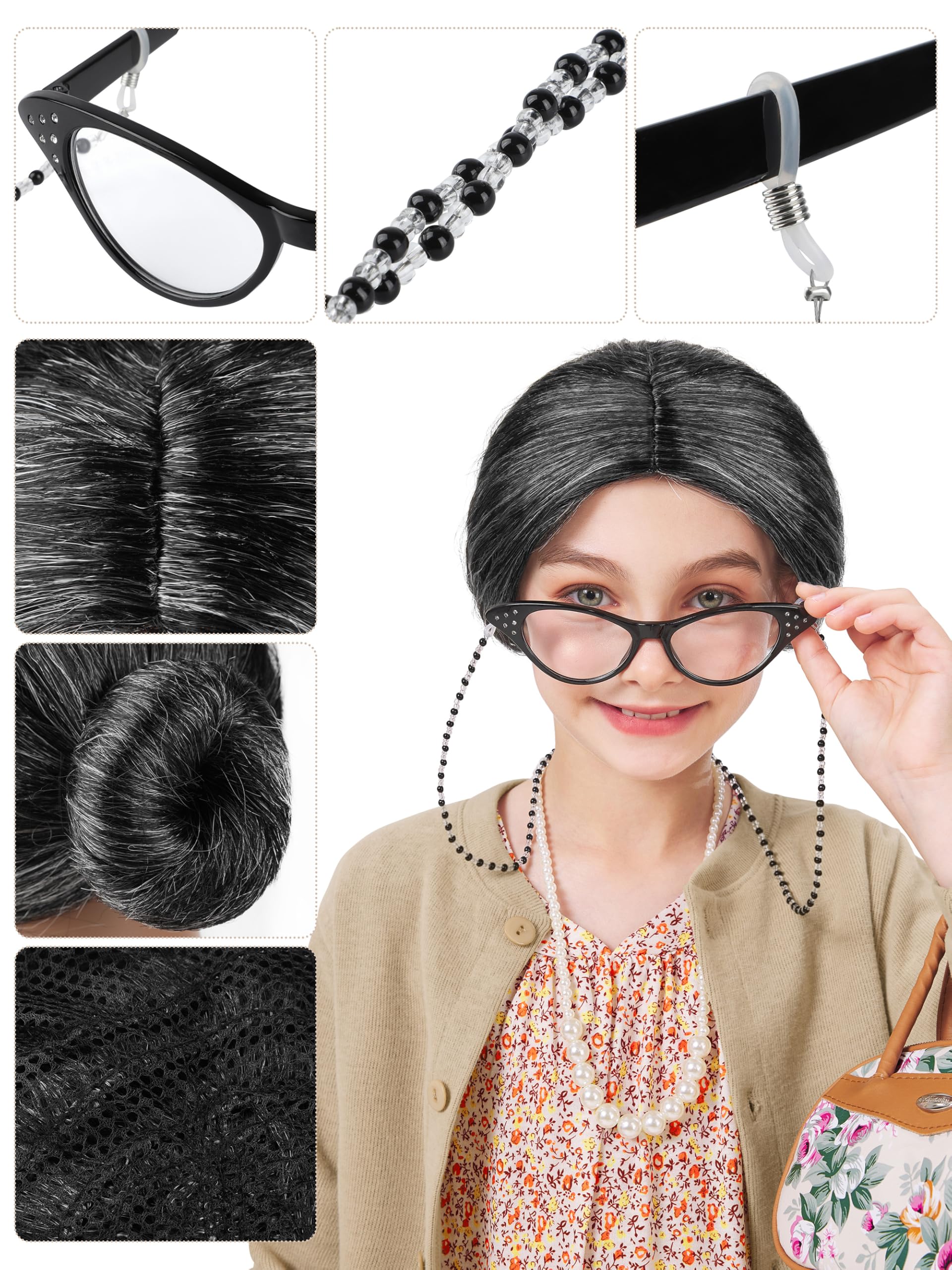 FancyFun grandma glasses with chain close-up, secure fit for daily pretend play