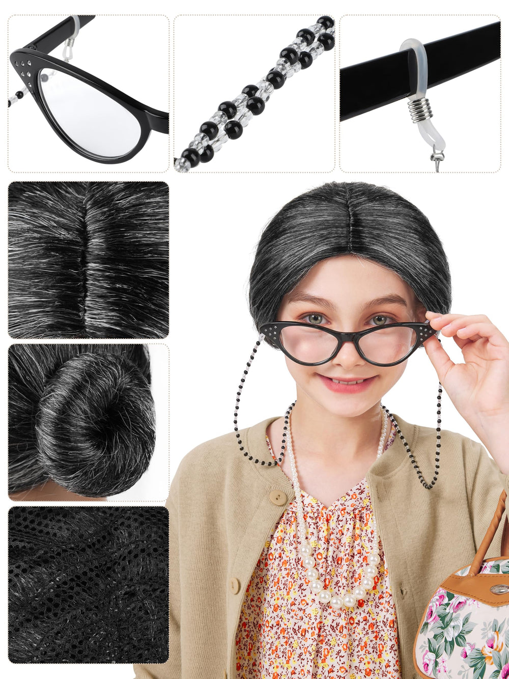 FancyFun grandma wig for kids, natural look enhances pretend play.