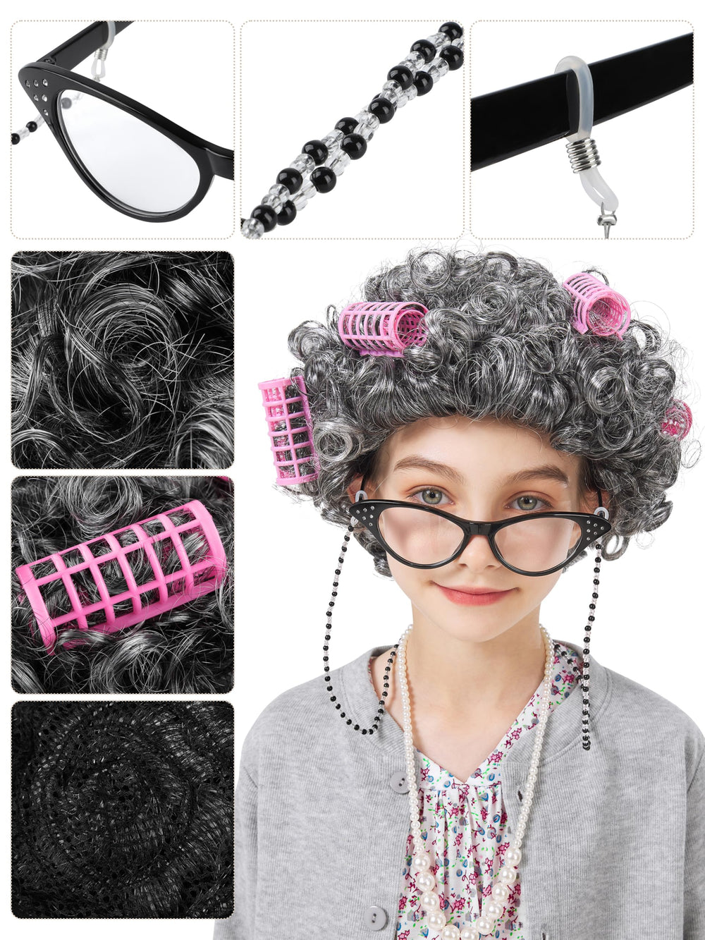 FancyFun grandma wig for kids, realistic look adds fun to storytime and play.