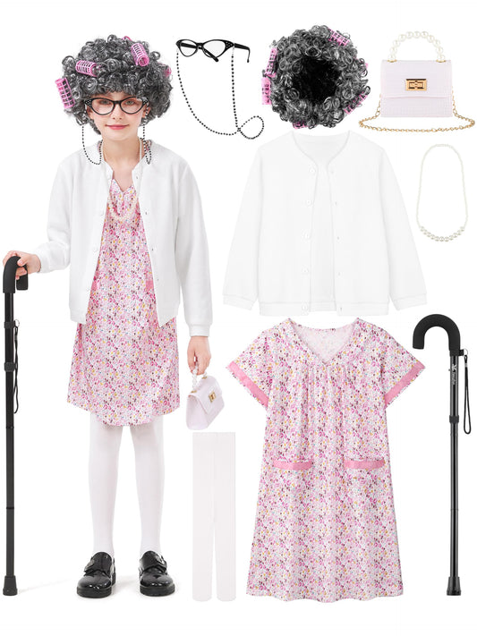 FancyFun old lady costume cardigan and nightgown for kids, comfortable and imaginative dress-up