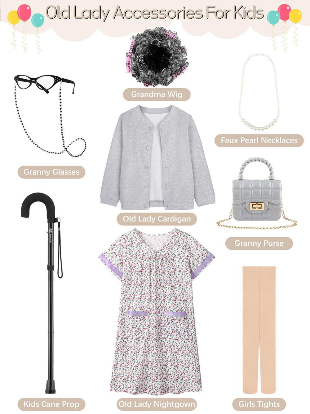 FancyFun old lady glasses with chain, complete accessory for grandma-inspired costumes.