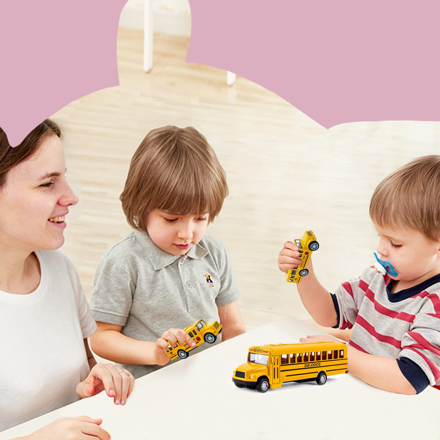 FANELEQU 3-pack group shot, compact yellow school buses for play