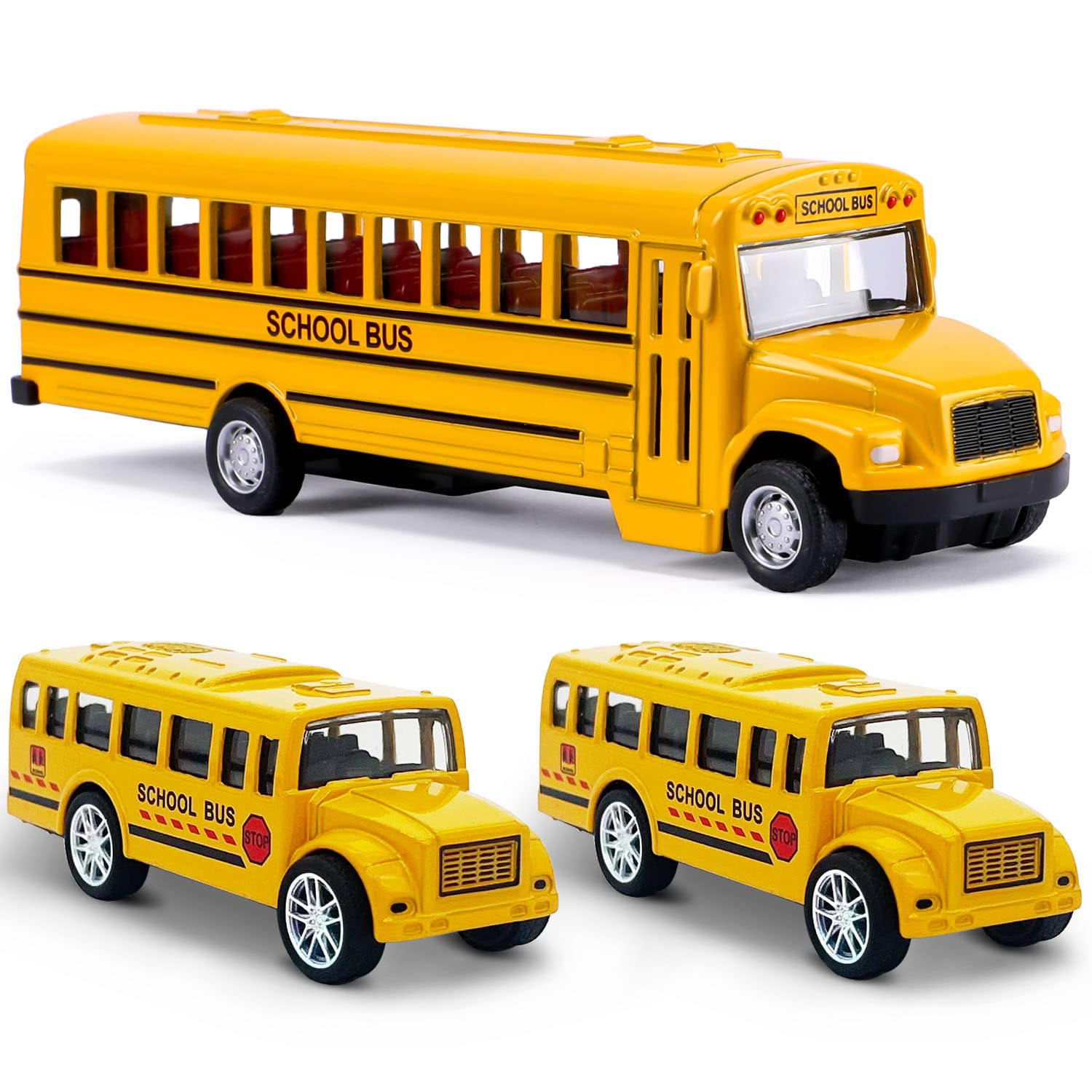 FANELEQU 3-pack pull-back school buses, front view, for imaginative play