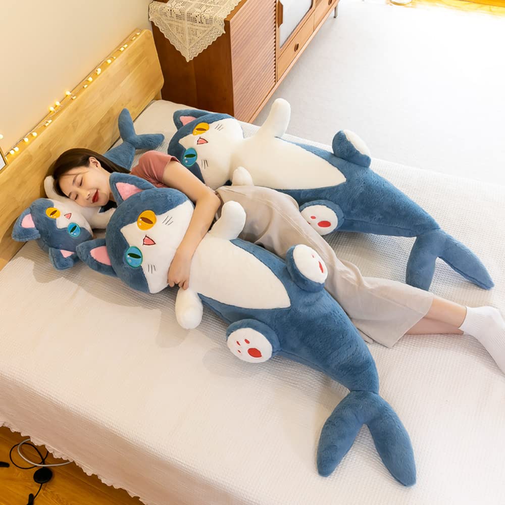 FANGYU shark cat plush in a bedroom decor setup for playful charm