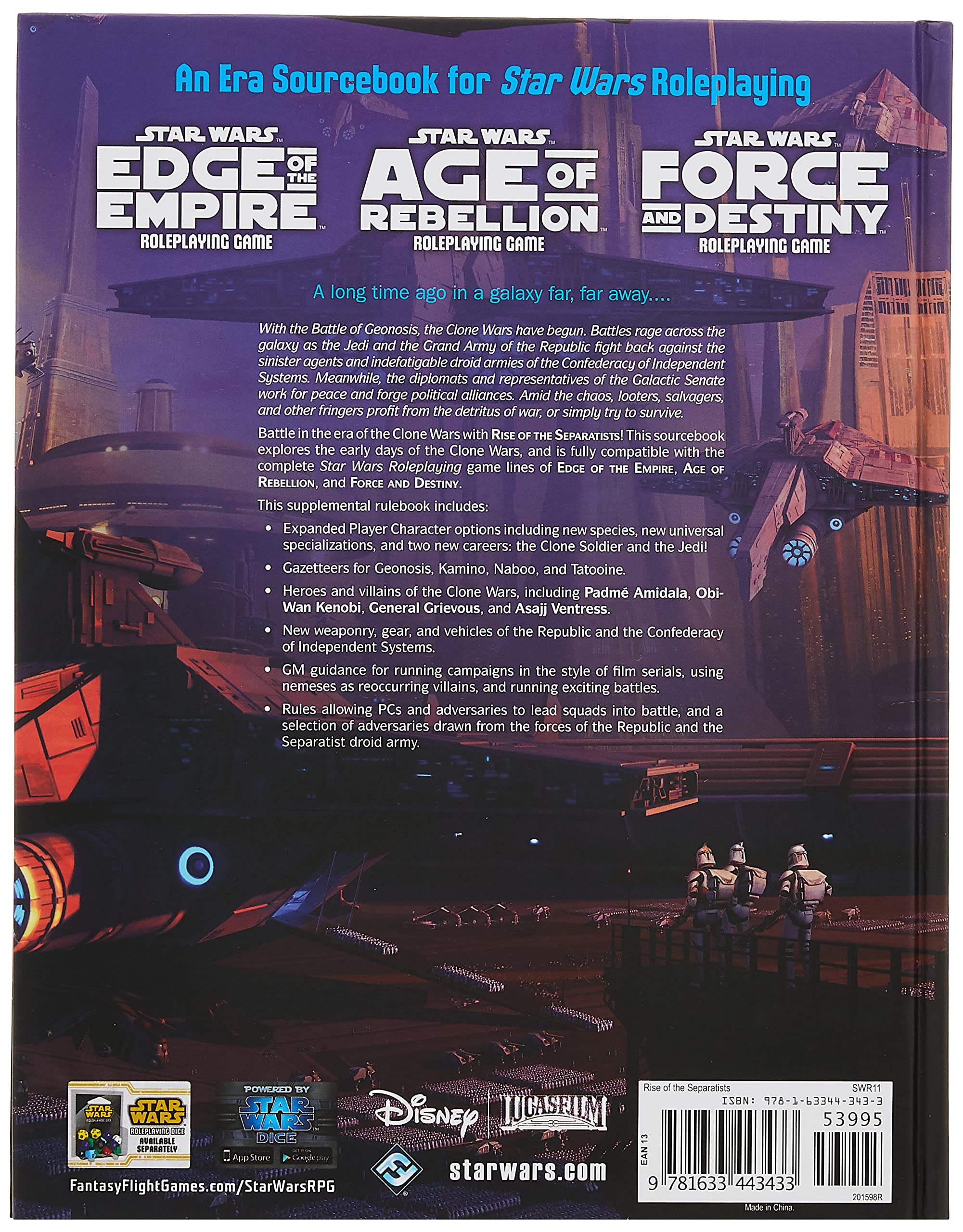 Fantasy Flight Games Rise of the Separatists character profiles highlight iconic Clone Wars figures.