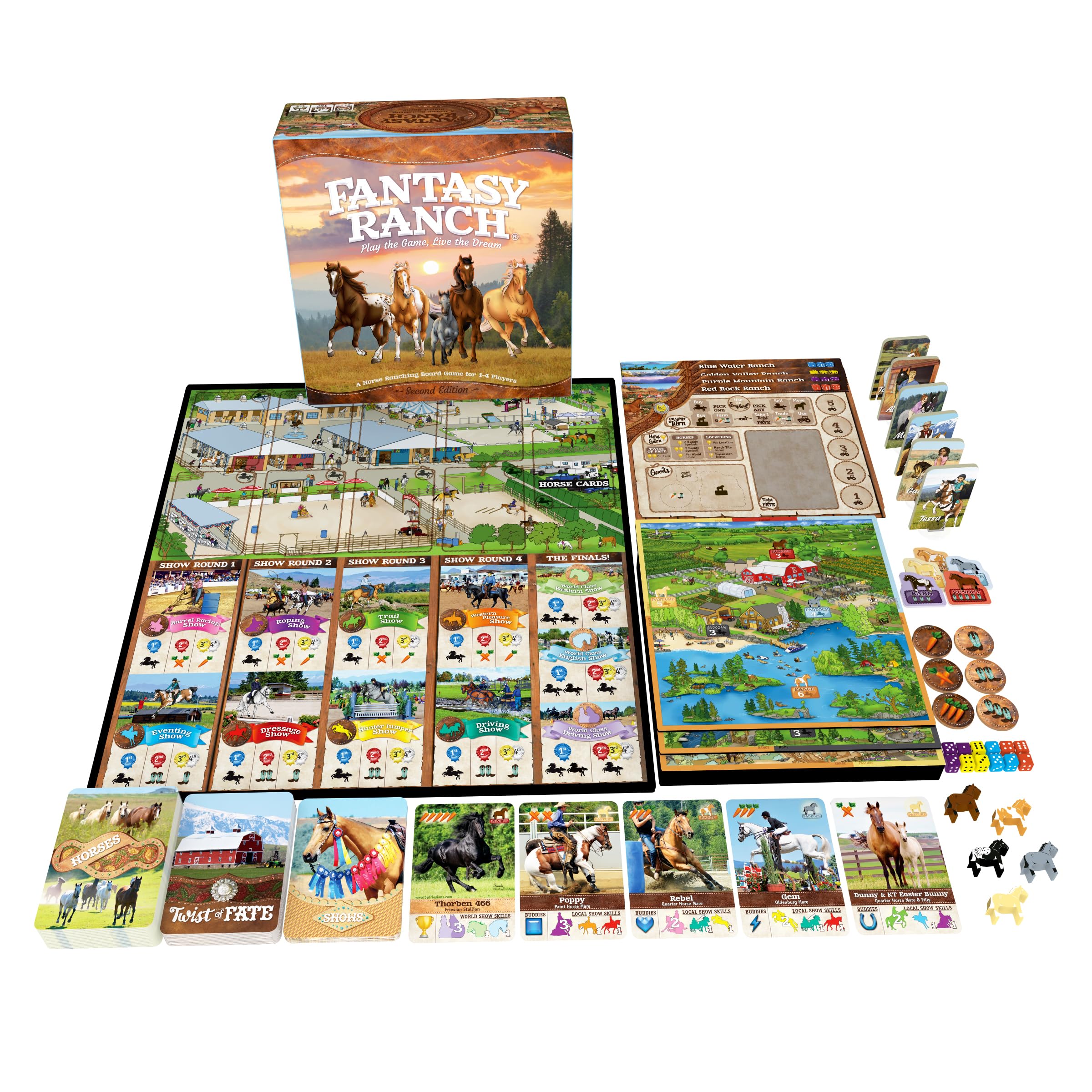 Fantasy Ranch board game with detailed miniatures for immersive setup.