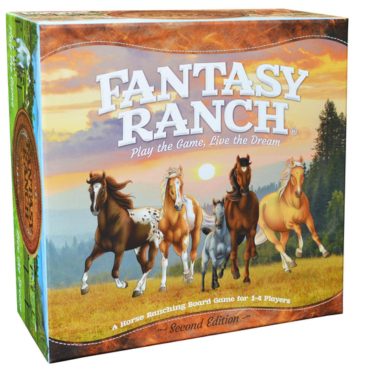 Fantasy Ranch board game with horses and stable scene for family play.