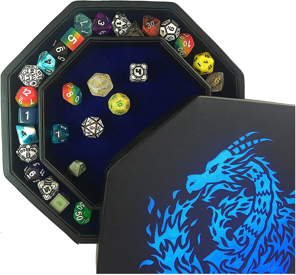 Fantasydice blue fire dragon dice tray with lid for secure storage during games.