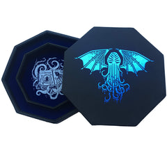 Fantasydice Cthulhu Tome blue dice tray with lid showing organized storage for five full dice sets