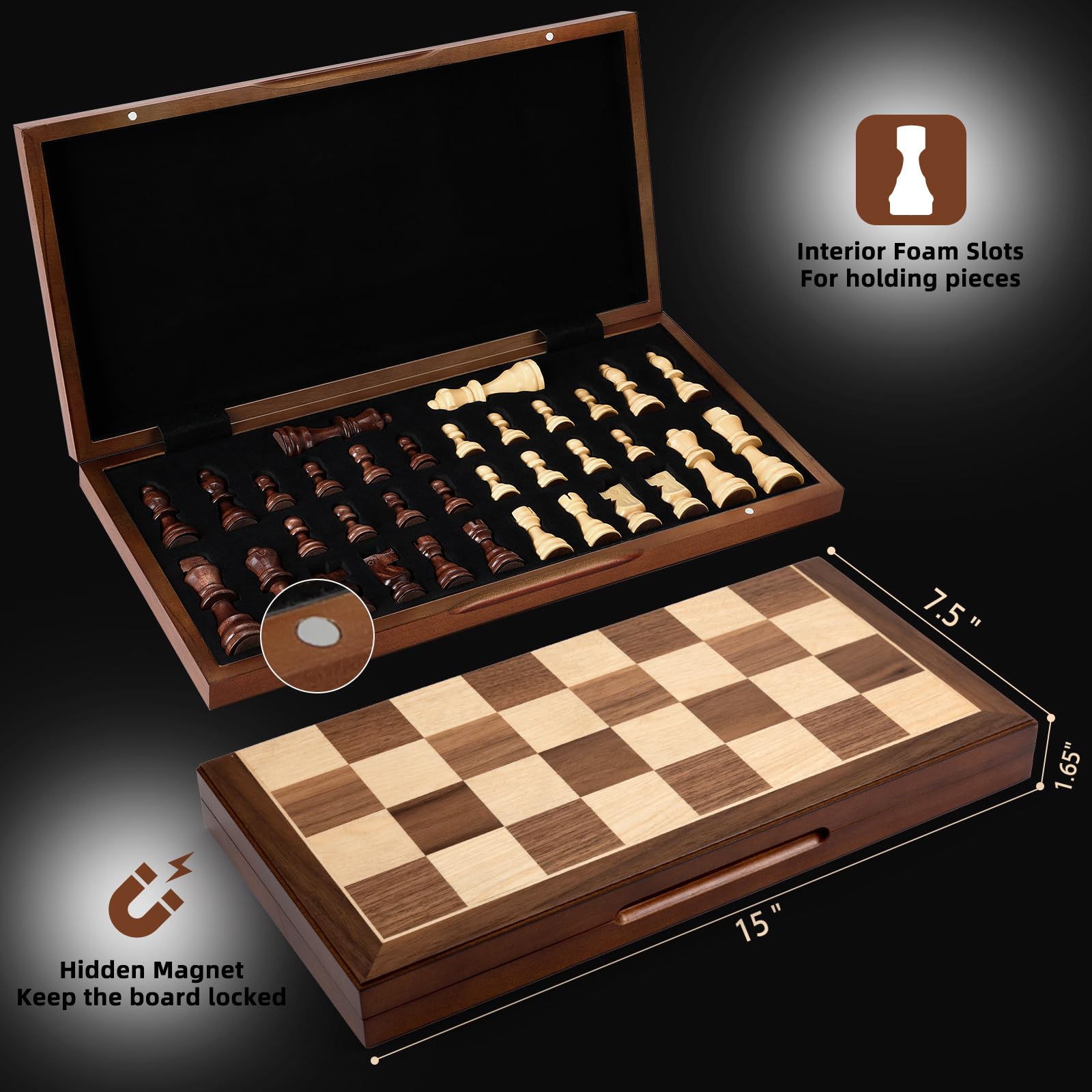 FanVince board interior with storage slots keeps pieces neatly organized during travel.