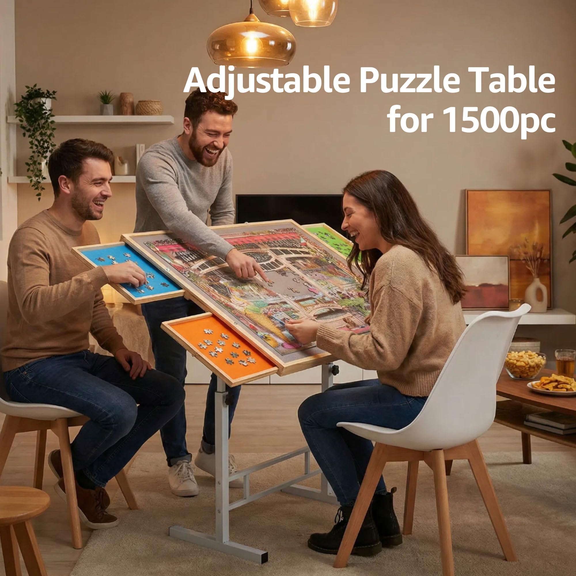 Fanwer puzzle table front view shows sturdy wood and steel construction.