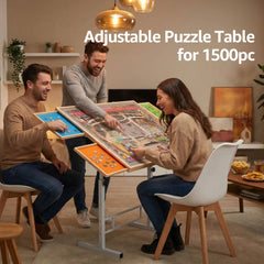 Fanwer puzzle table front view shows sturdy wood and steel construction.