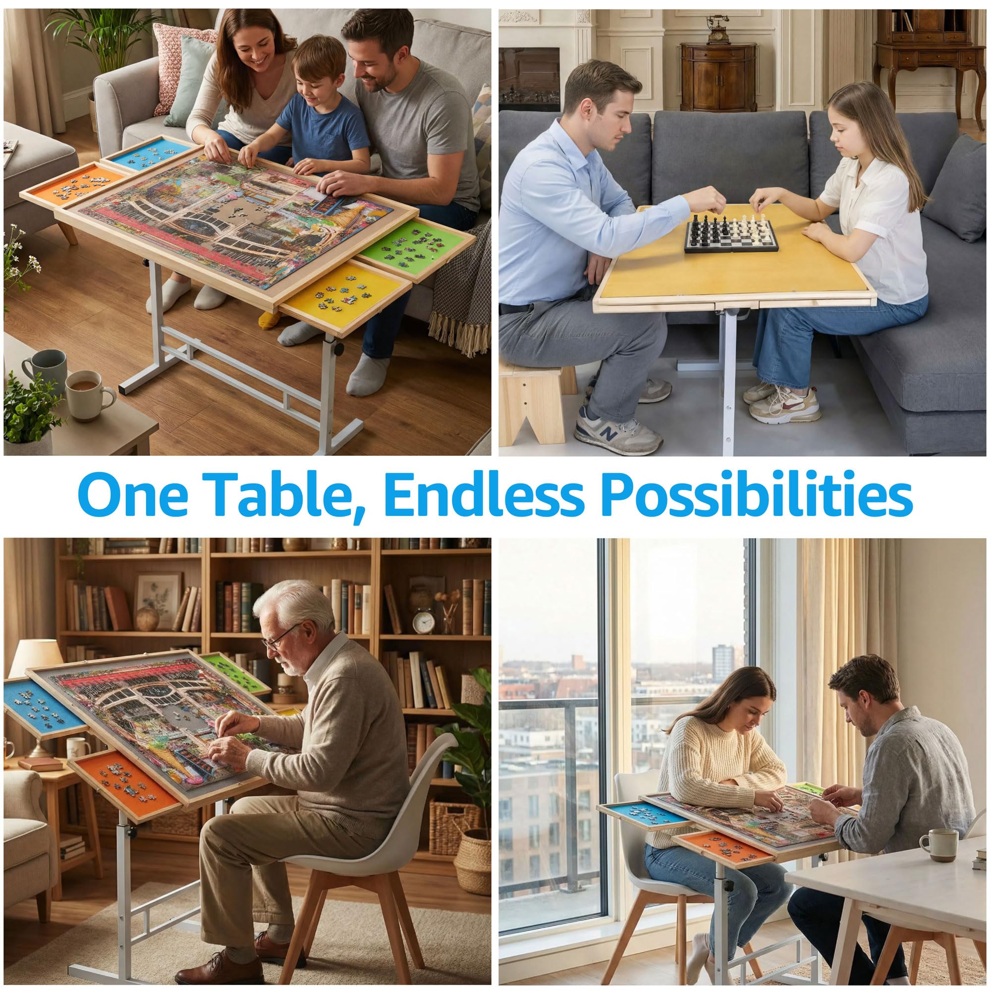 Fanwer puzzle table robust wood-steel construction for long-lasting use.