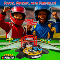 Far Out Toys NASCAR Crash Circuit track assembly emphasizes modular design and easy setup.