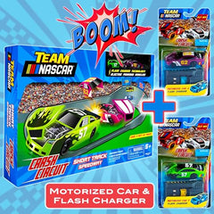 Two electric slot cars race around the double-wide track at high speed.