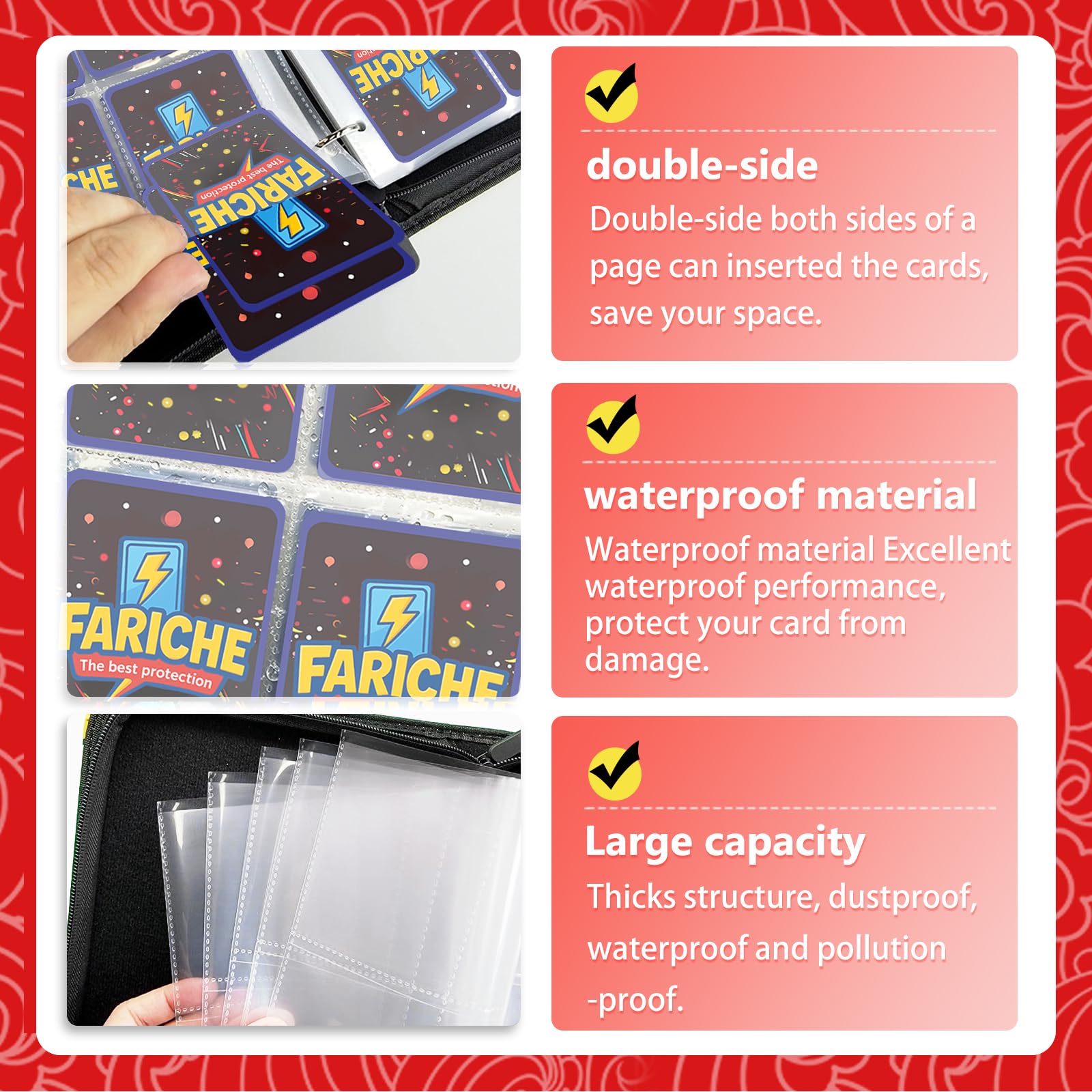 FARICHE binder with 50 removable sleeves offers adjustable storage.