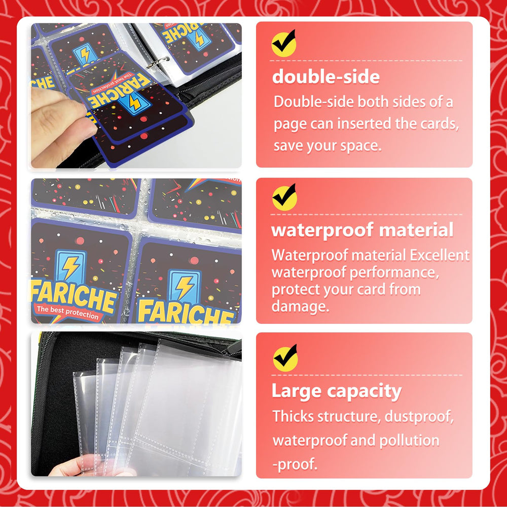 FARICHE binder with 50 removable sleeves offers adjustable storage.