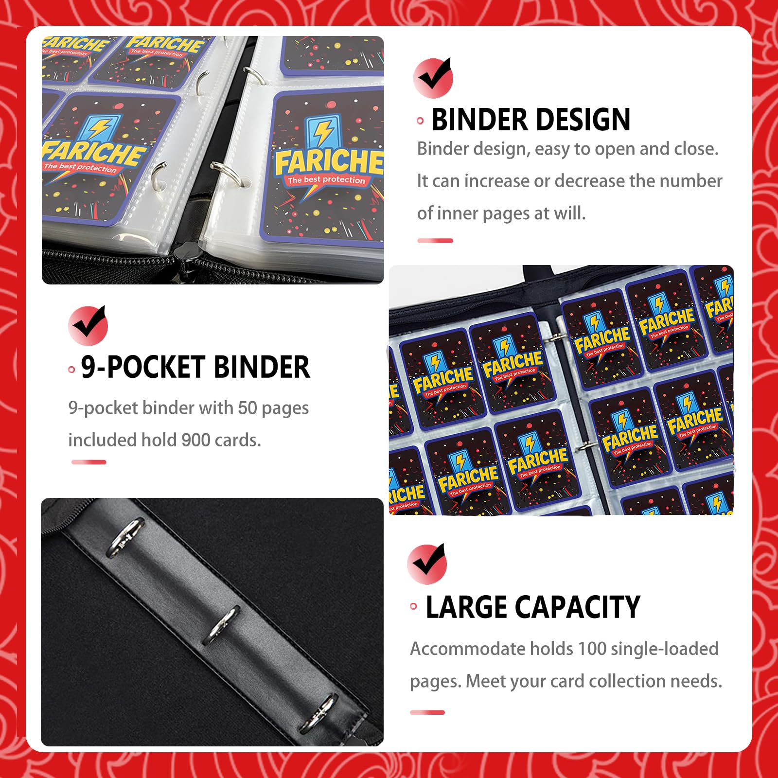 FARICHE 900-card capacity binder keeps your collection organized on the go.