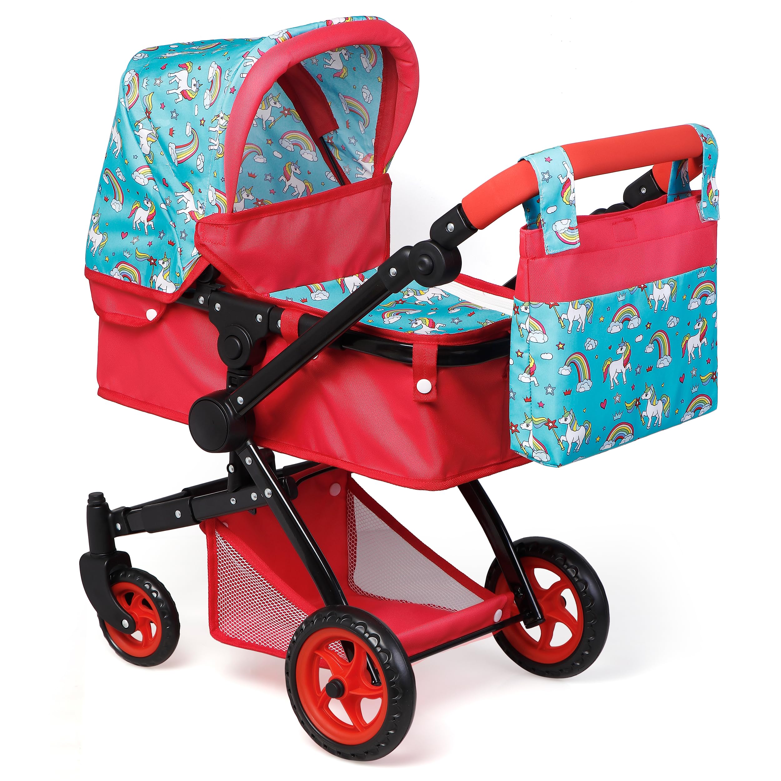 Fash n Kolor baby doll stroller with unicorn design and foldable frame for easy storage.