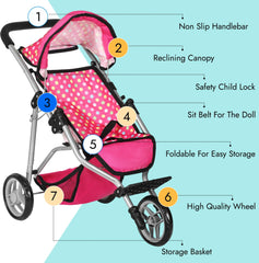 Fash N Kolor denim pink stroller foldable design for easy storage and travel