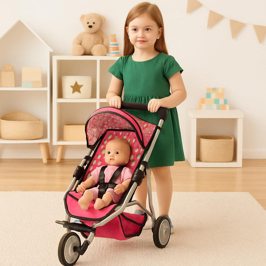 Fash N Kolor denim pink stroller seatbelt secures dolls for safe imaginary rides