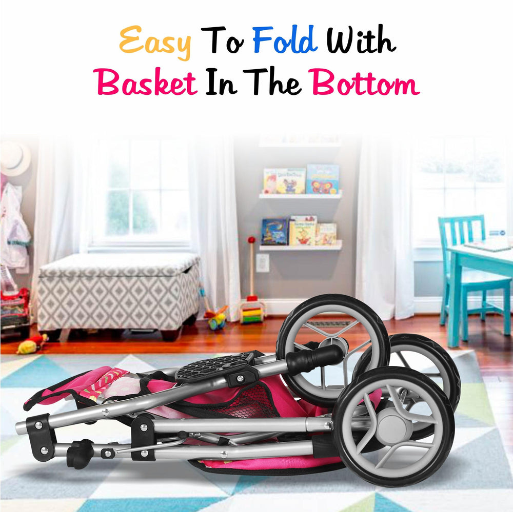 Fash N Kolor denim pink stroller steel frame provides sturdy support