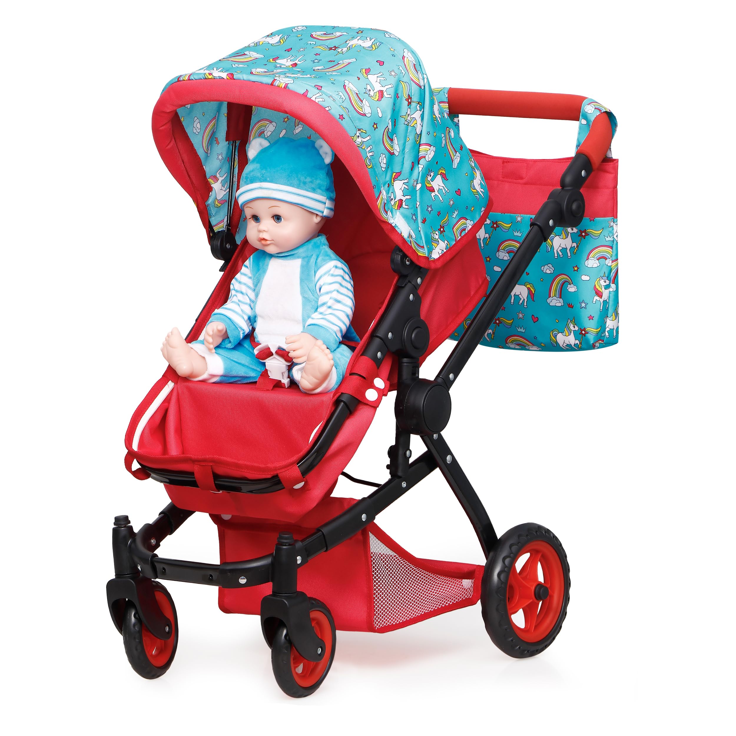 Fash n Kolor doll pram featuring 360-degree swivel wheels for smooth maneuvering.