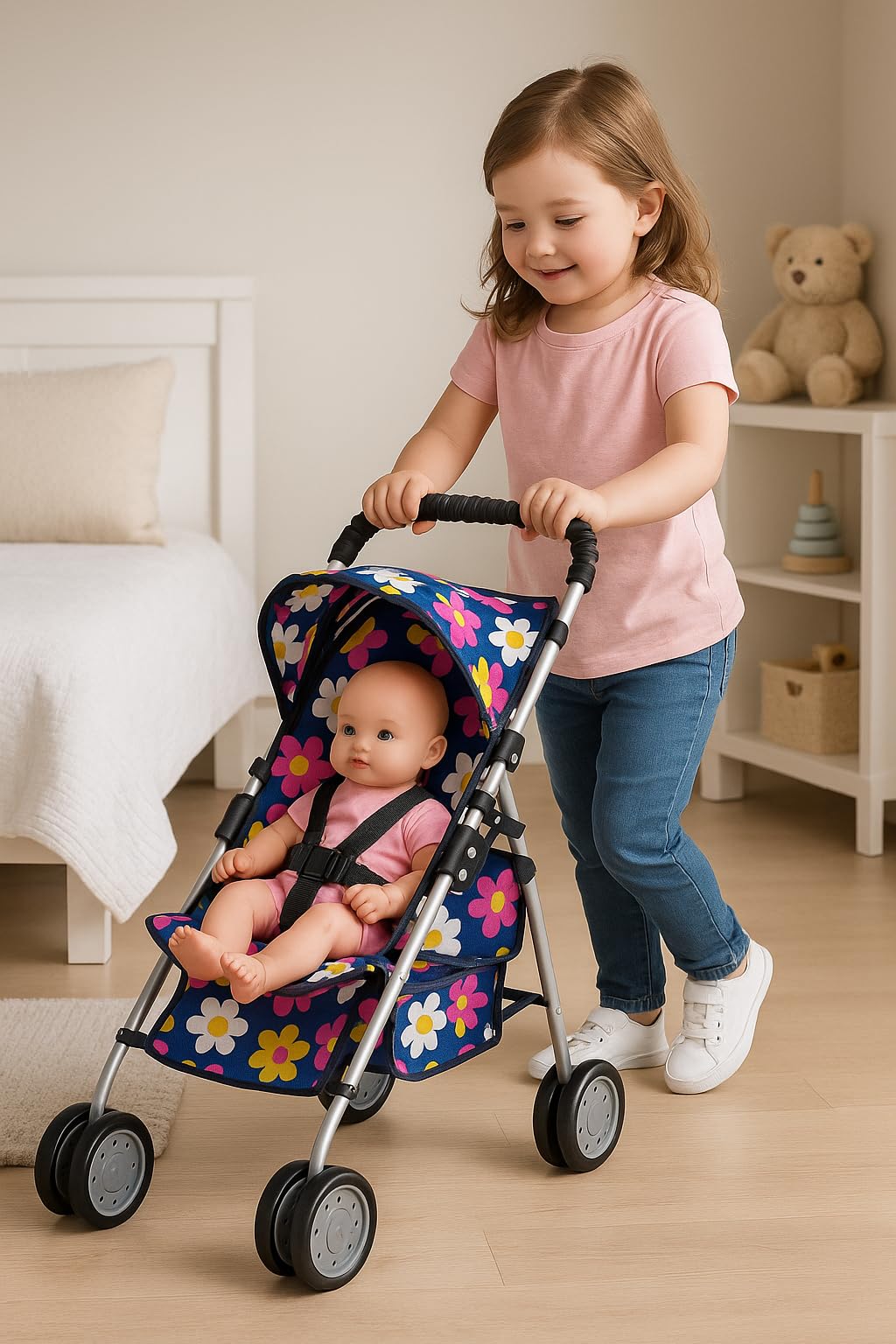 Double wheels on all four legs provide stability during push and turn.