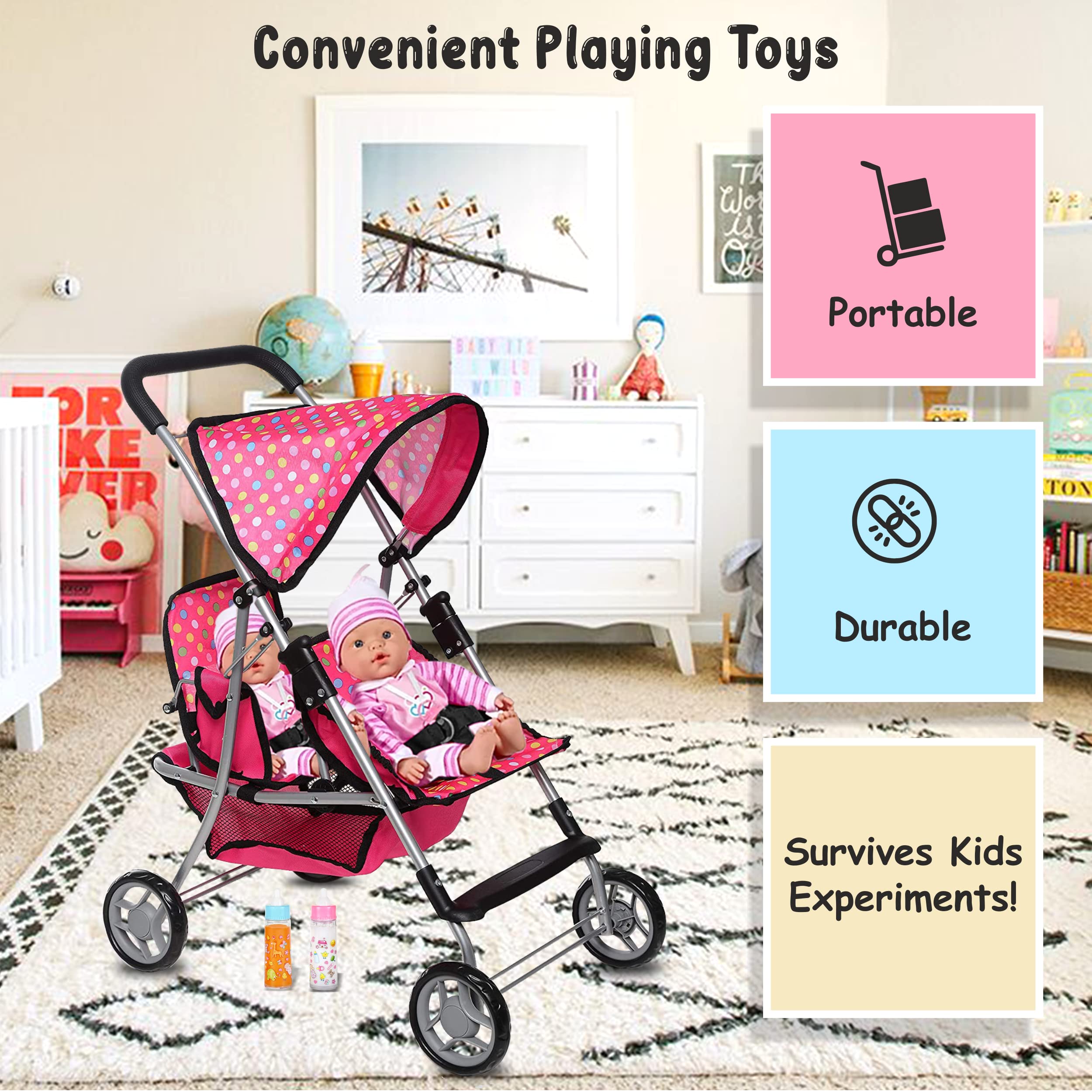 Fash n Kolor stroller has smooth wheels for easy maneuverability by kids.