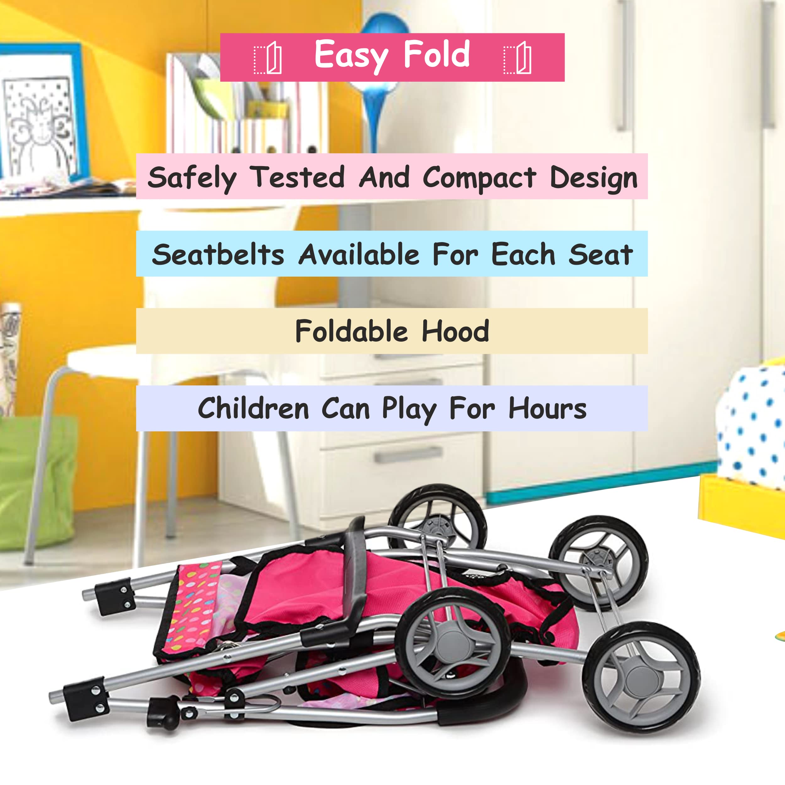 Fash n Kolor easy-assembly twin stroller ready for quick setup.