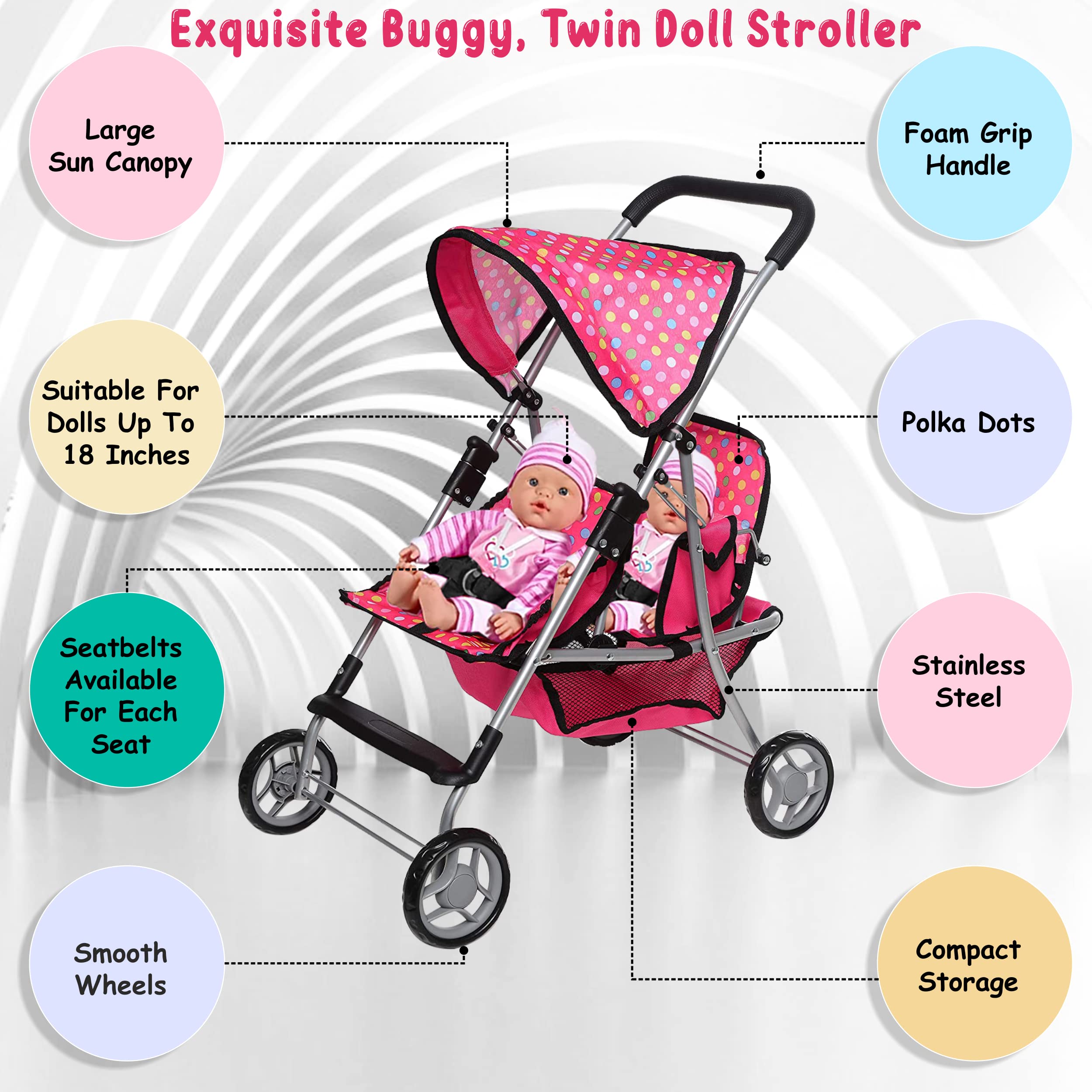 Fash n Kolor foldable doll stroller with a movable bassinet for flexible scenes.