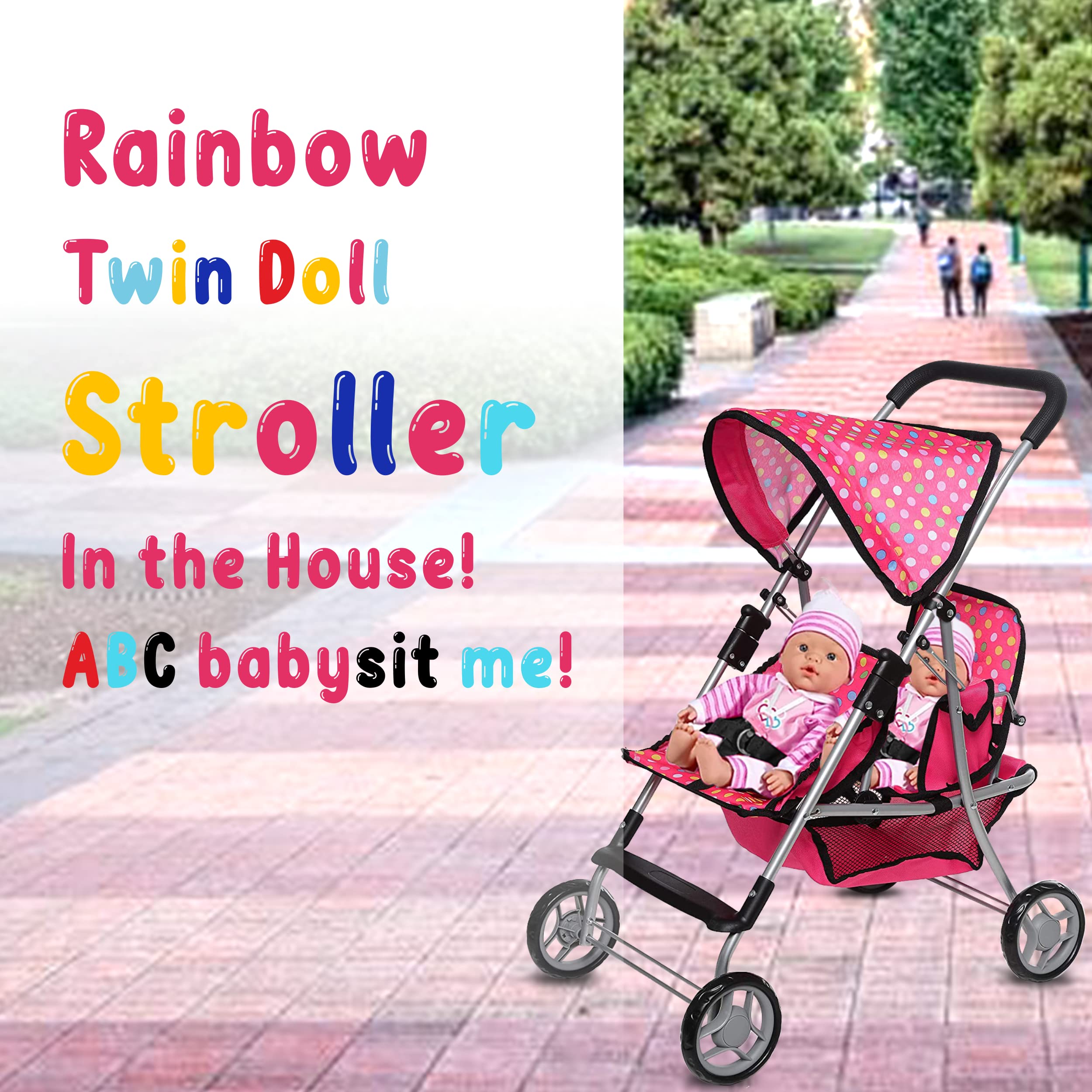 Fash n Kolor convertible hood and movable bassinet support imaginative play.
