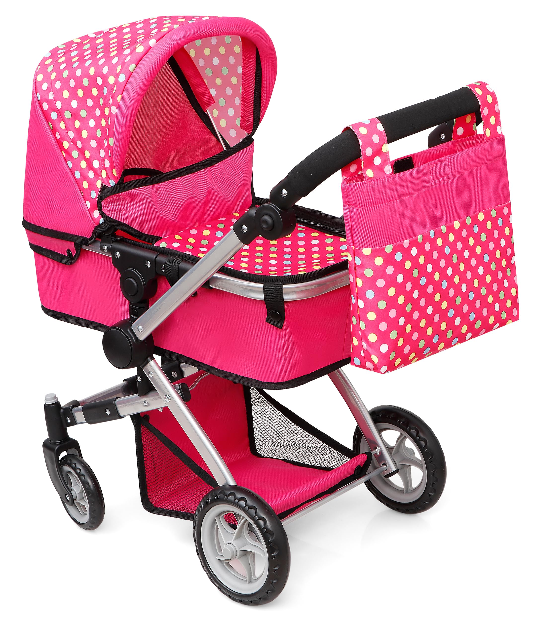 Fash n Kolor polka dots doll stroller enhances imaginative play with bright pink pattern.