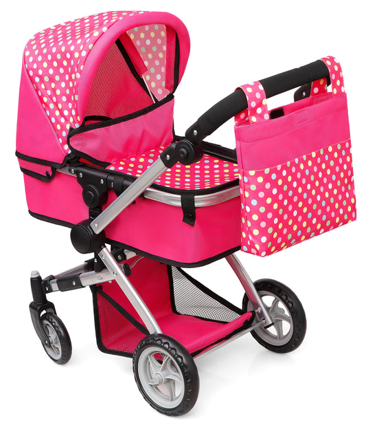 Fash n Kolor polka dots doll stroller enhances imaginative play with bright pink pattern.
