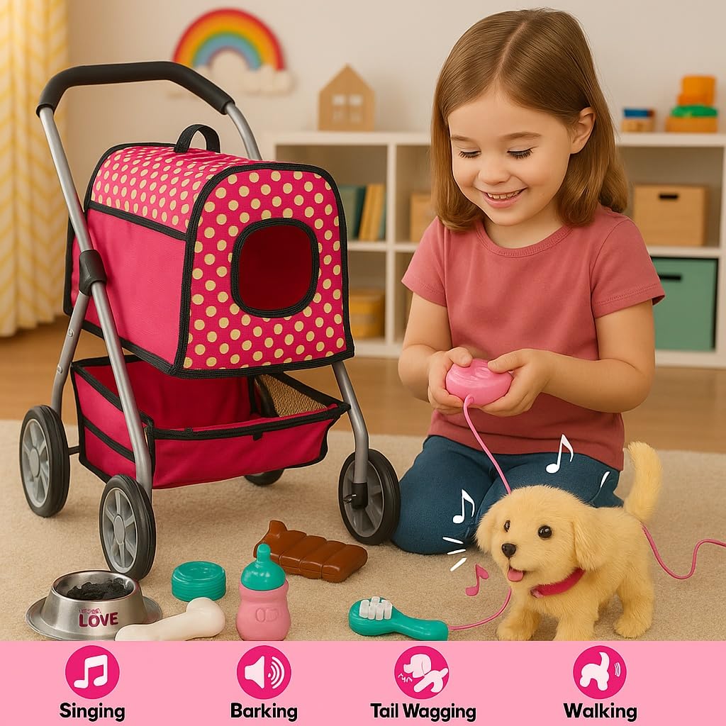 Fash N Kolor Puppy Doll Stroller tail-wag action promotes expressive pretend play