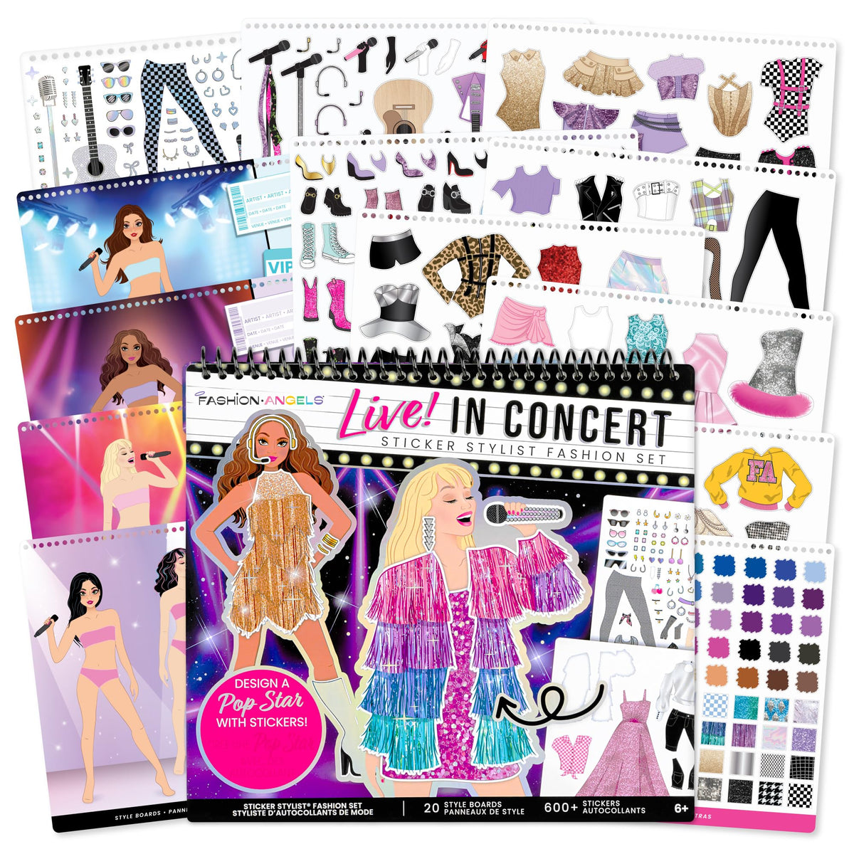 Fashion Angels Live Concert Sticker Stylist Set cover showcasing colorful outfits for imaginative play