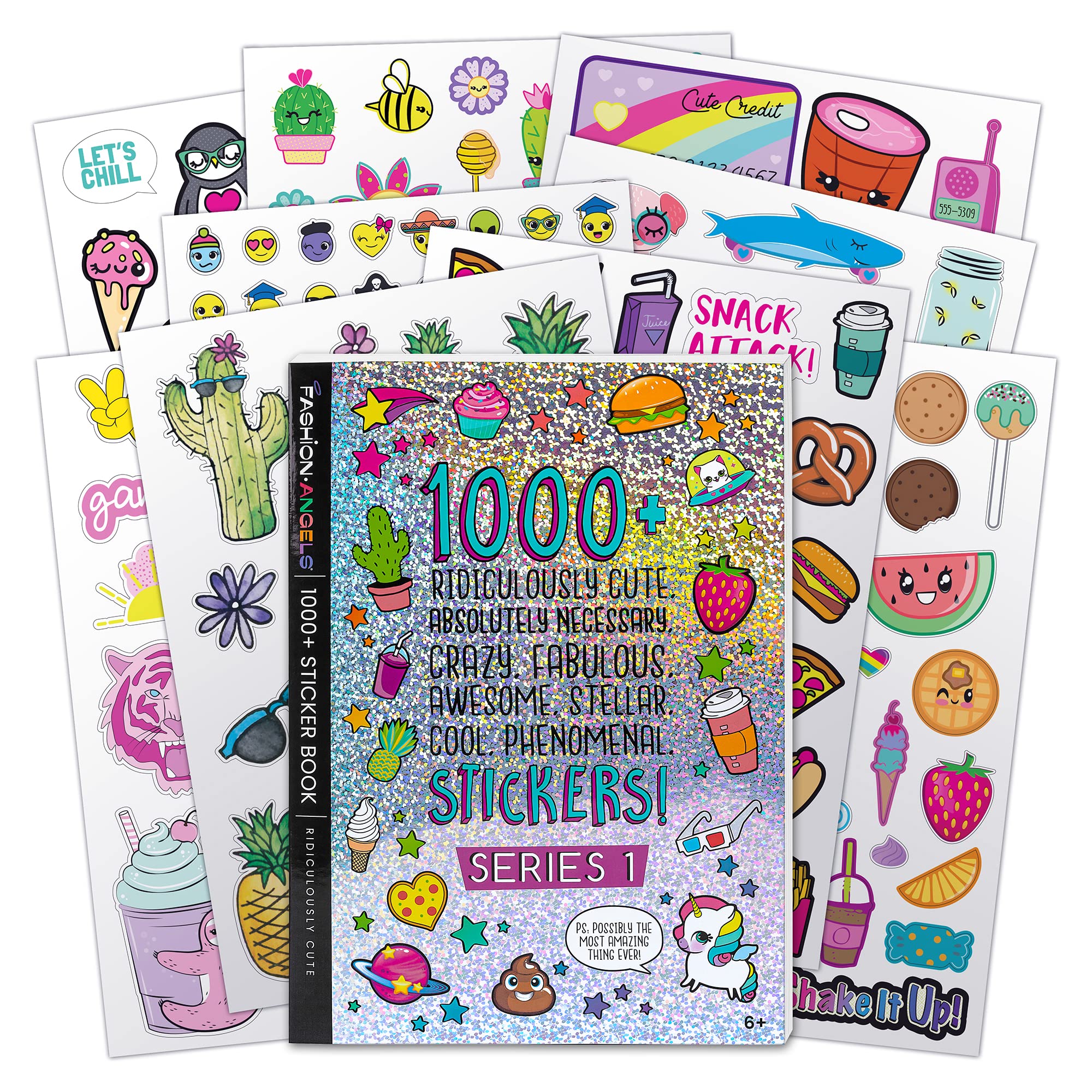 Fashion Angels sticker book cover, bright design for kids' crafts.