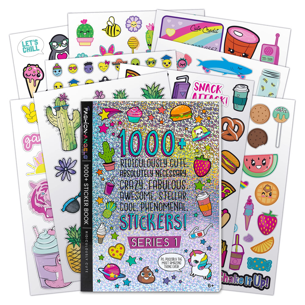 Fashion Angels sticker book cover, bright design for kids' crafts.