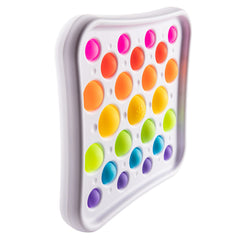 Fat Brain Toys Dimpl Pops Deluxe tabletop setup showcases four bubble sizes for versatile play.