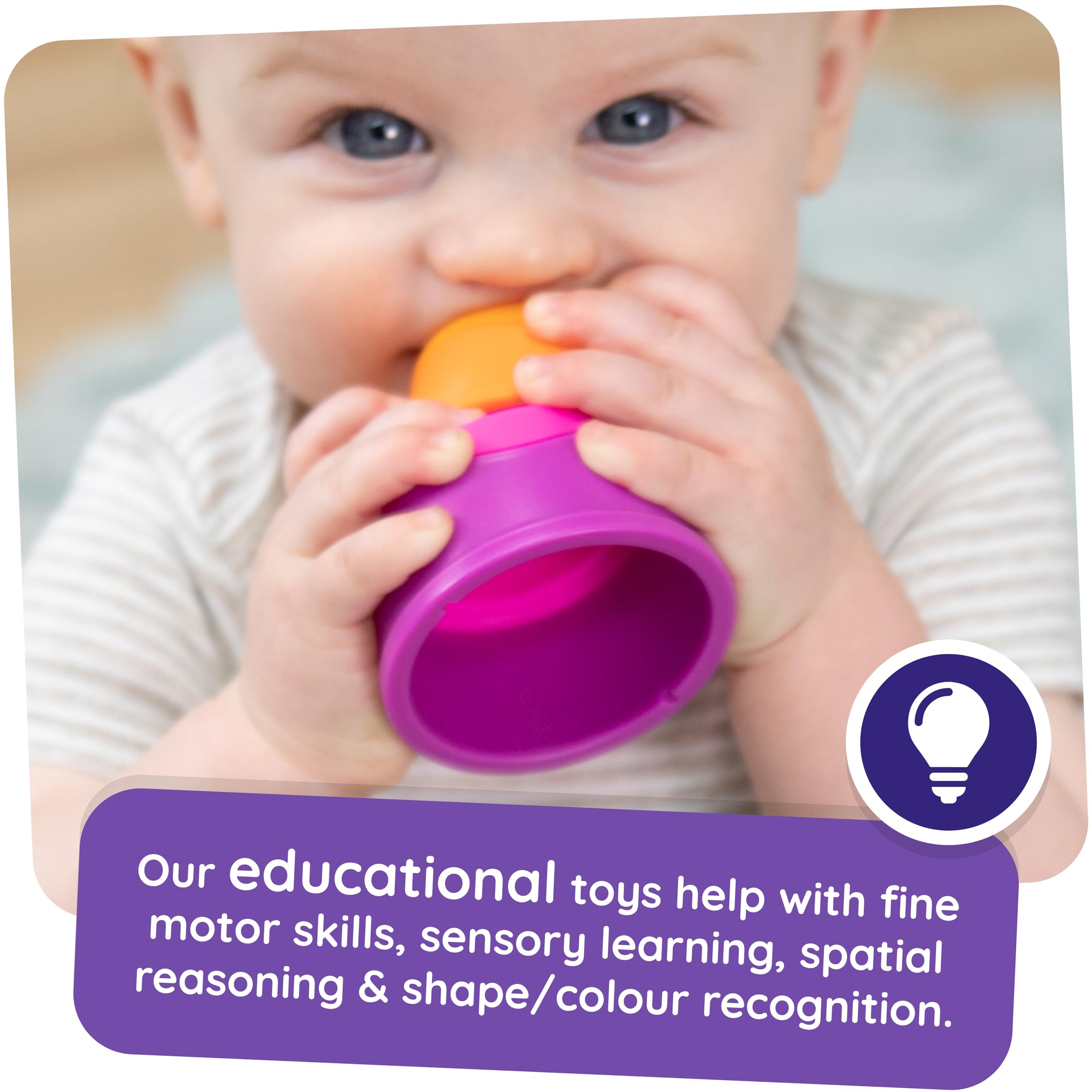 Fat Brain Toys Dimpl Stack child hands exploring push-pops to develop finger coordination.