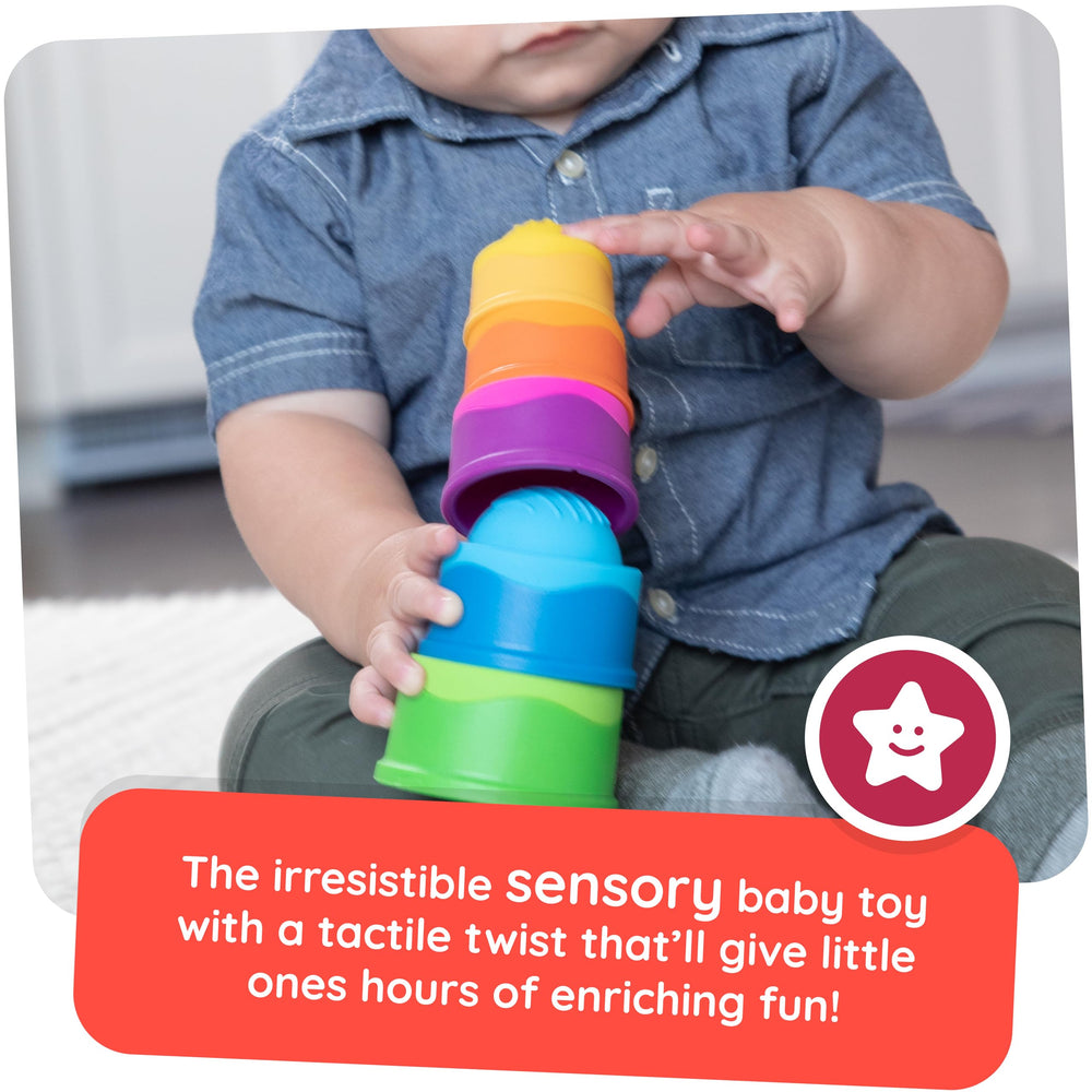 Fat Brain Toys Dimpl Stack cups stacked for grip and problem-solving practice.