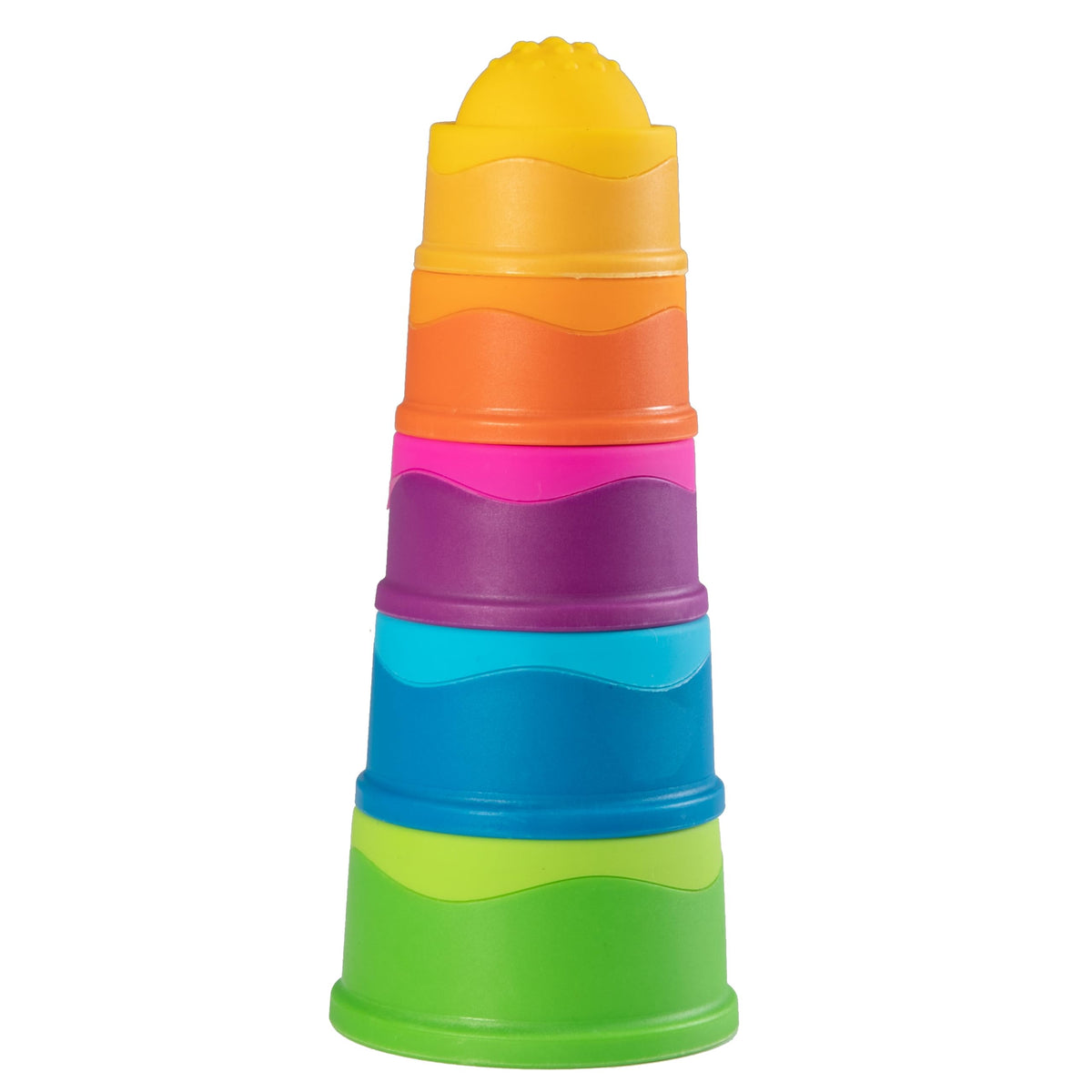 Fat Brain Toys Dimpl Stack cups with push-pop bubbles for tactile play and fine motor growth.
