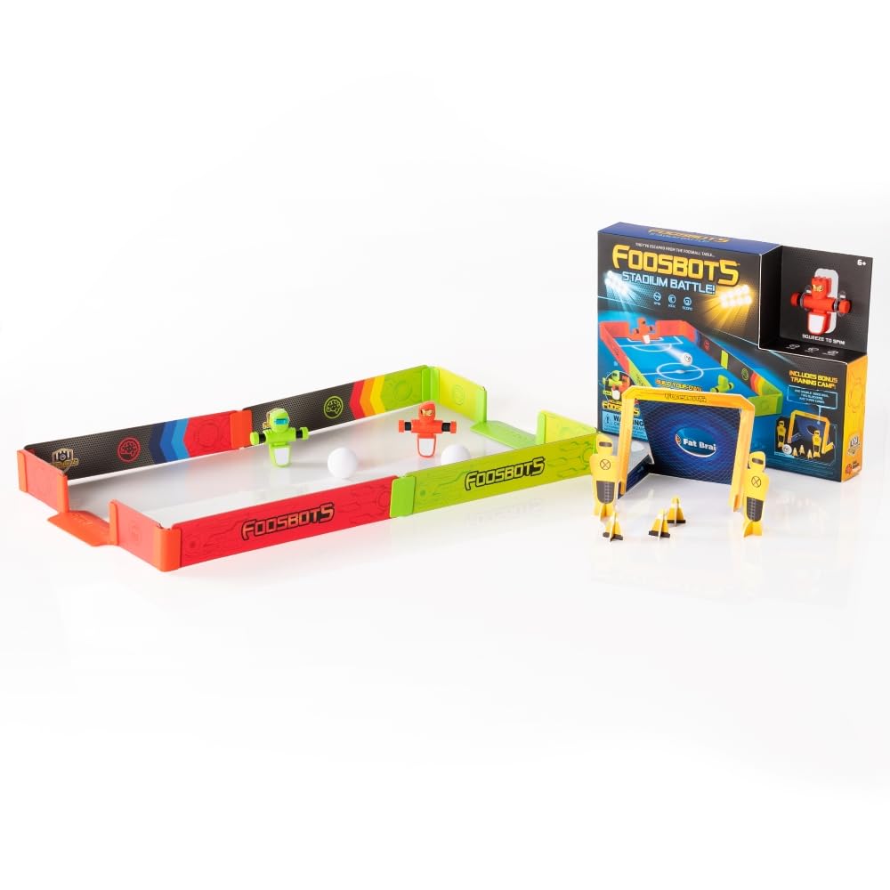 Fat Brain Toys Foosbots Stadium Battle Set image shows the arena for two-player play and fast reflex action.