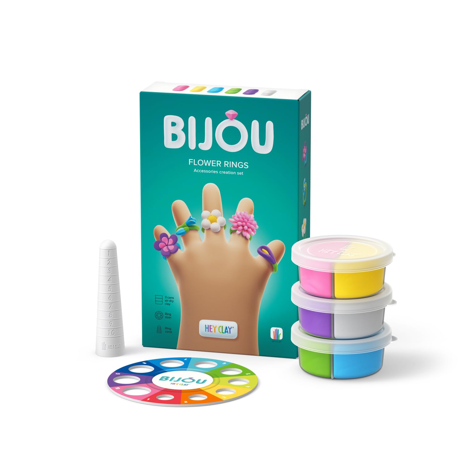 Fat Brain Toys Hey Clay Bijou Flower Rings kit contents shown for creative play and learning