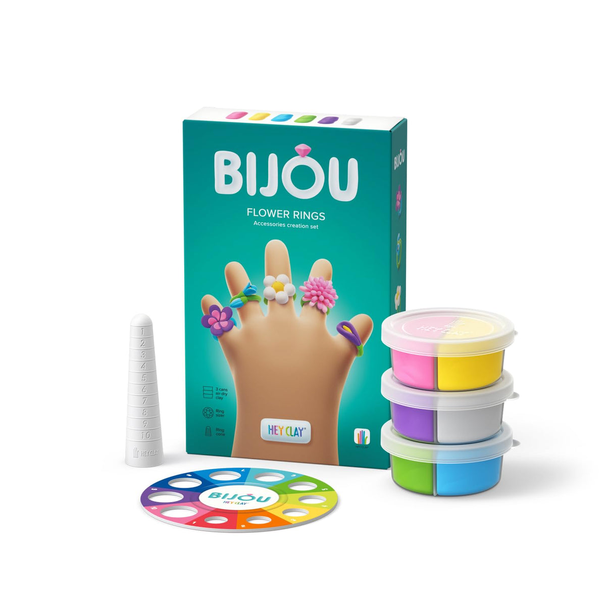 Fat Brain Toys Hey Clay Bijou Flower Rings kit contents shown for creative play and learning