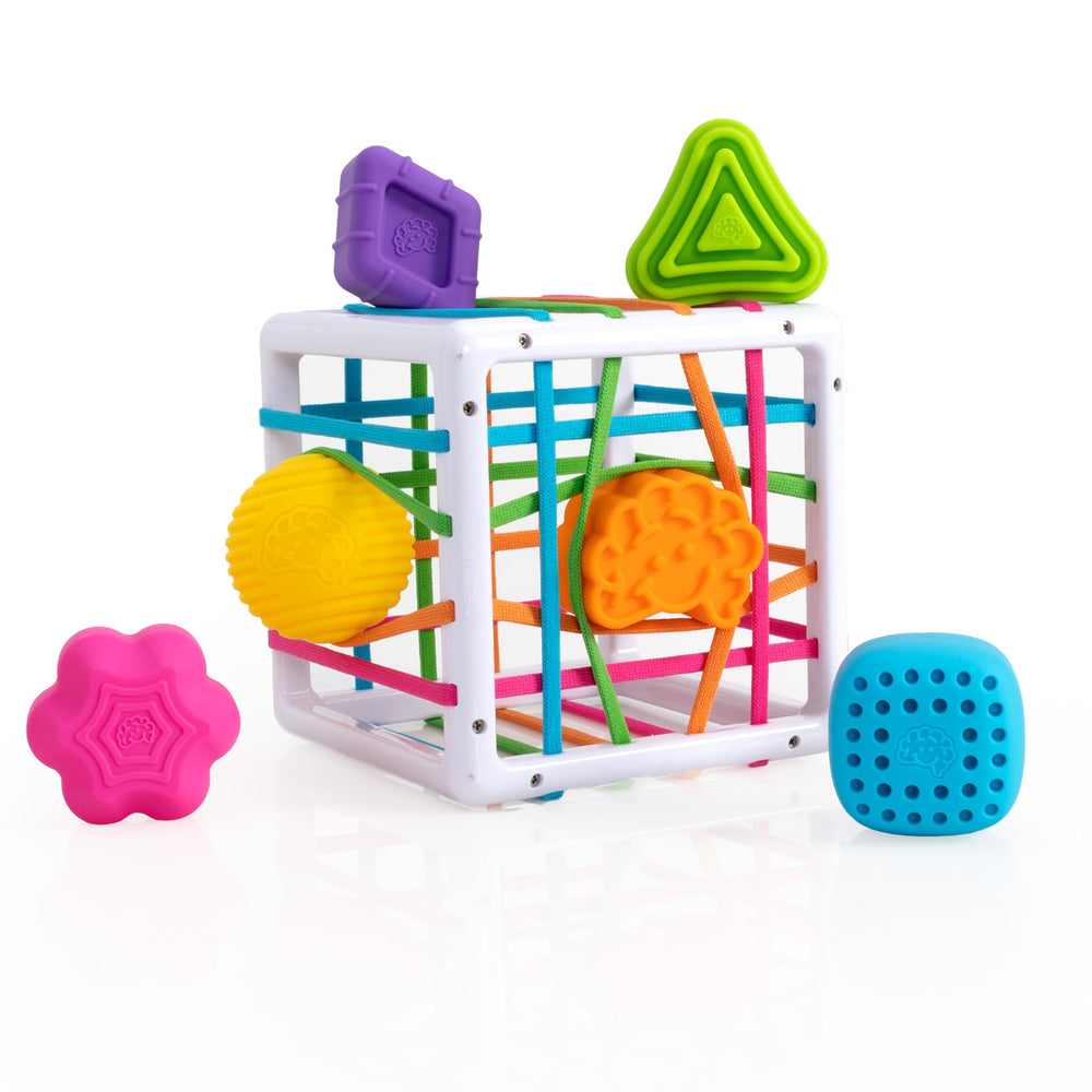 Fat Brain Toys InnyBin shape sorter blocks boost hand-eye coordination during sensory play.