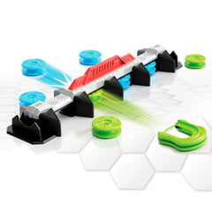 Fat Brain Toys Magshuto Knockout Rail setup shows action-ready game components for fast-paced play.