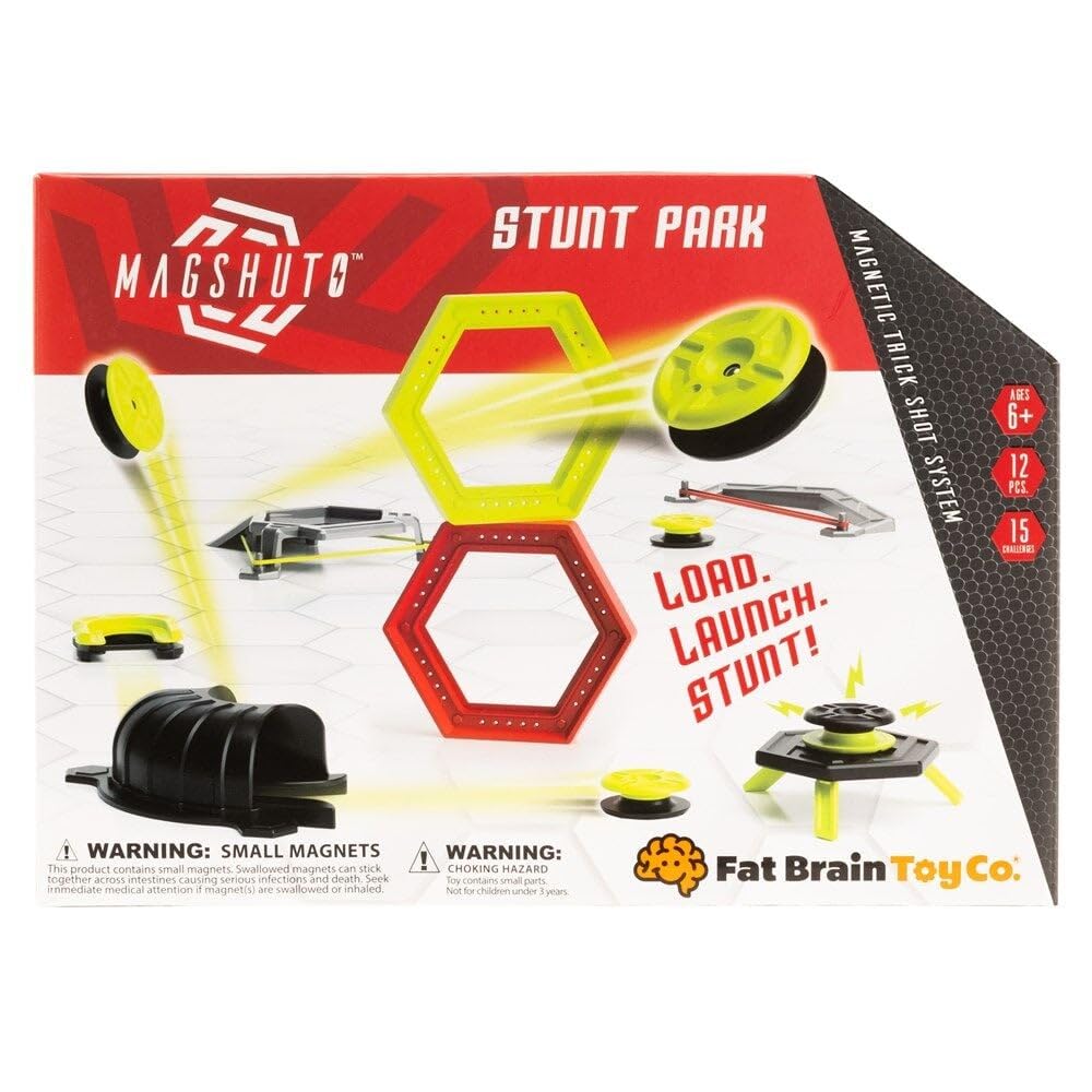 Fat Brain Toys Magshuto Stunt Park set highlights open-ended magnetic stunts for creative play.