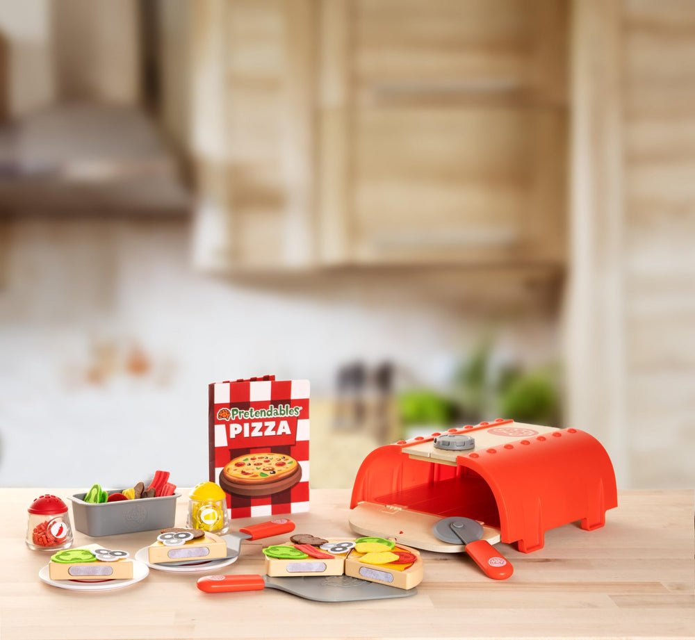 Fat Brain Toys Pretendables Backyard Pizza Oven Set pizza slices with hook-and-loop toppings