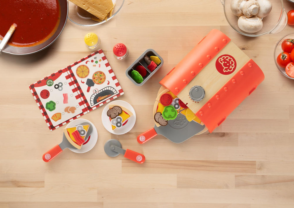 Fat Brain Toys Pretendables Backyard Pizza Oven Set plates and menu included for restaurant play